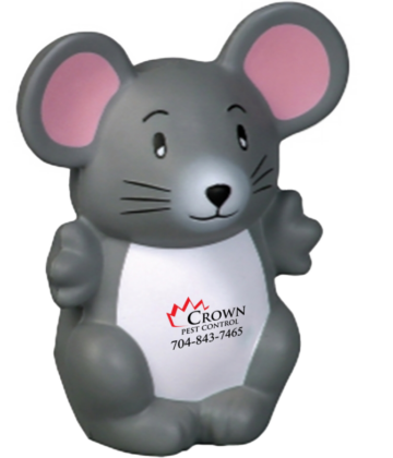 Gray cartoon mouse figurine with pink ears and a white belly, featuring the 